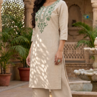 Beige Cotton-Linen Hand Embroidered Kurta and Pant Set for Women