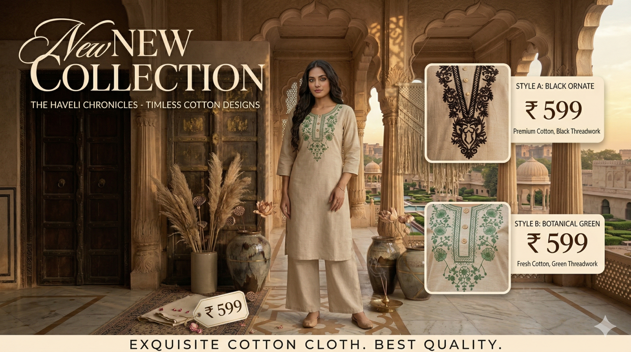 Woman wearing a premium beige cotton-linen hand embroidered kurta and pant set in a heritage setting