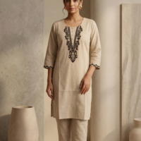 Beige Hand-Embroidered Yoke Kurta and Pant Set for Women