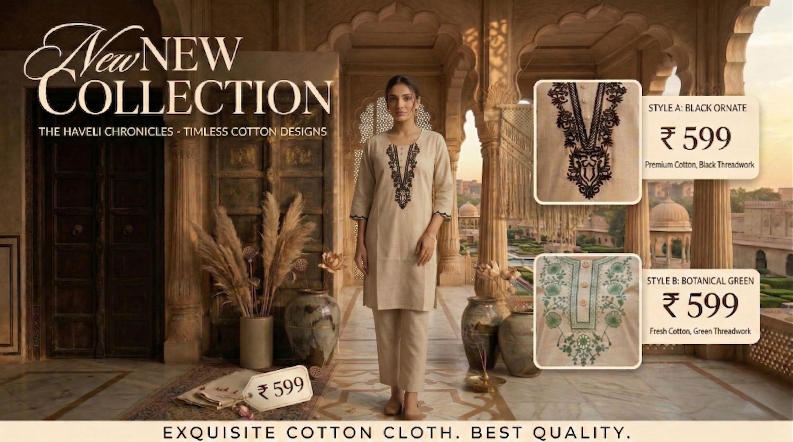 Elegant Indian ethnic wear for women featuring a premium beige cotton-linen hand-embroidered kurta and wide-leg pant co-ord set with intricate floral yoke work in a heritage setting.