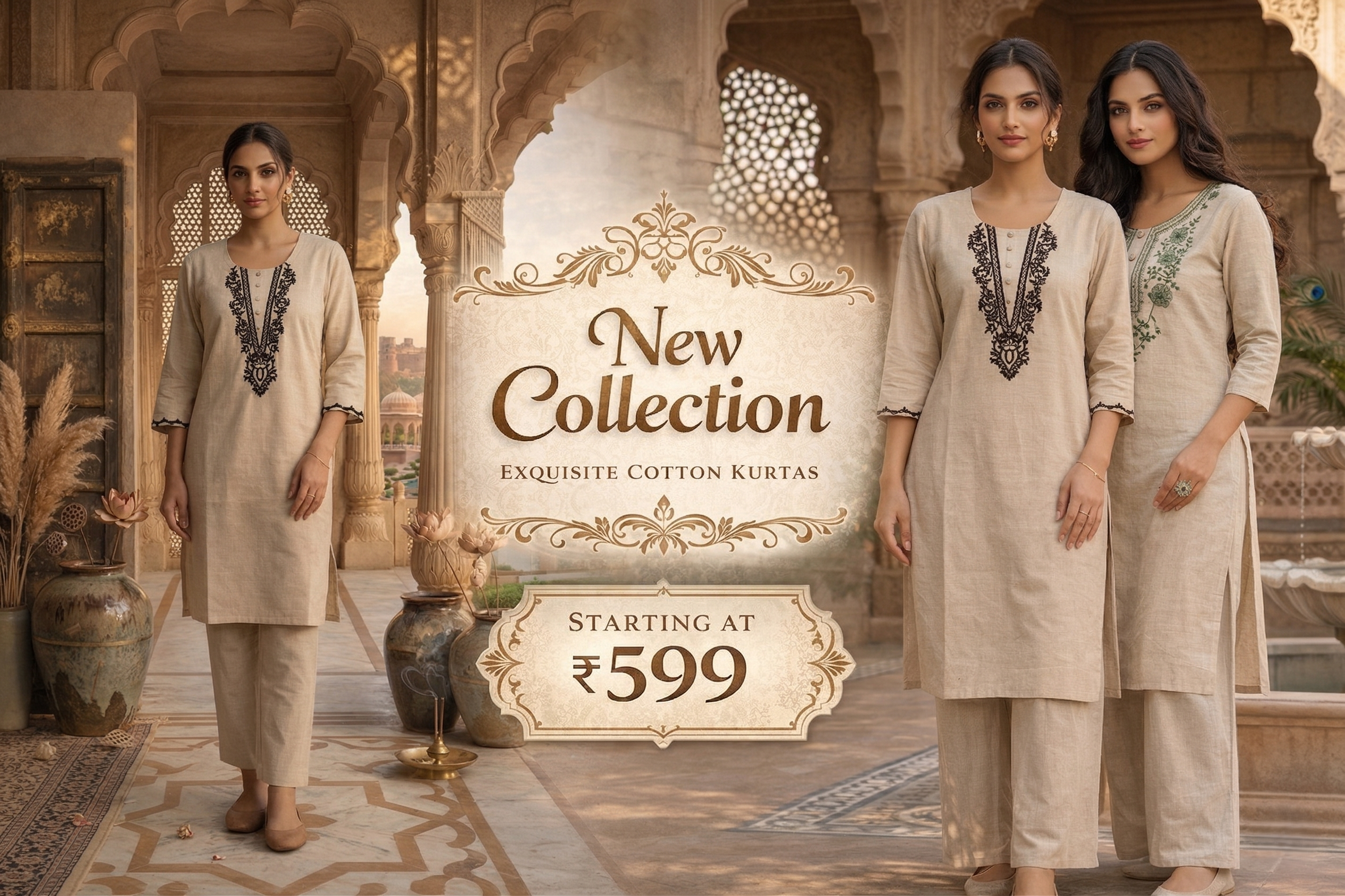 Breathable beige cotton-linen kurta and wide-leg pant set for summer ethnic wear