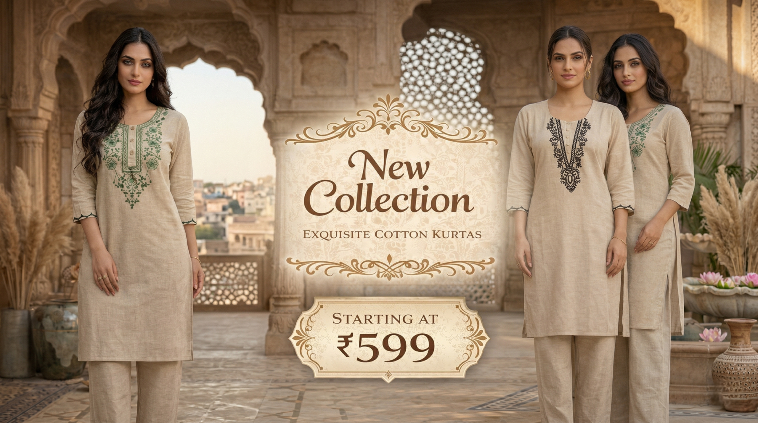 Woman modeling an exquisite beige cotton kurta set in a heritage setting - New Collection